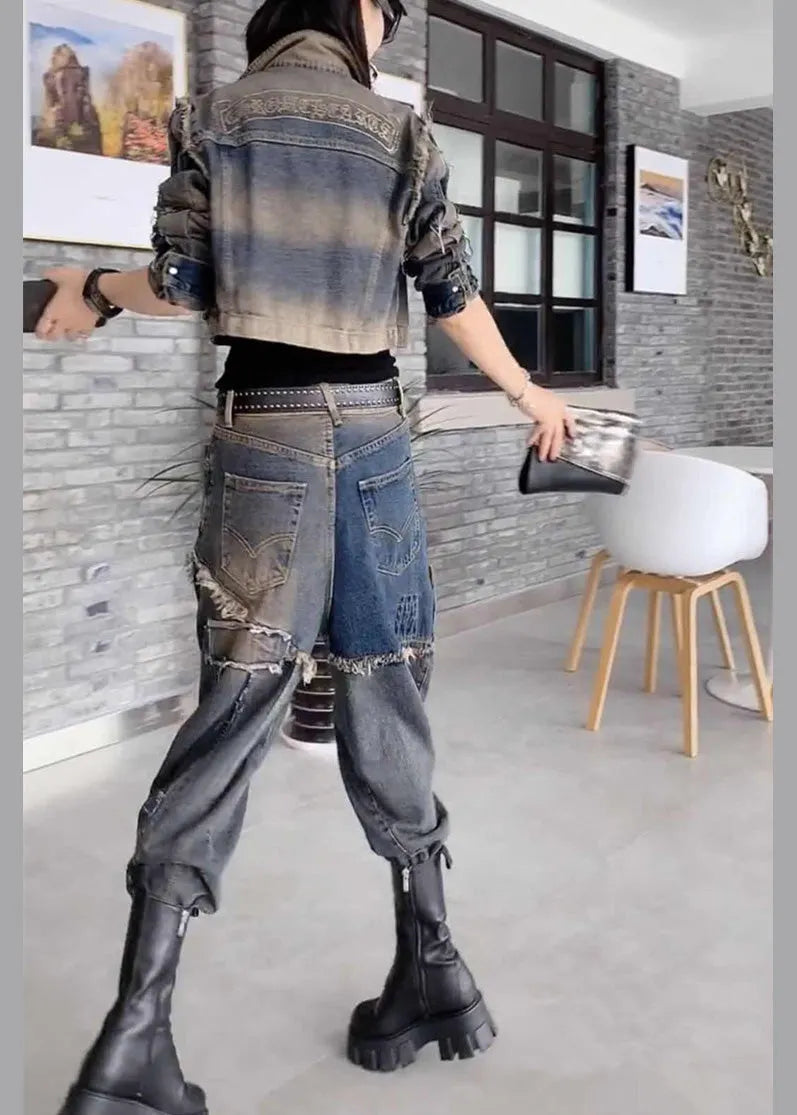 Handmade Grey Peter Pan Collar Patchwork Coats and Jeans Two Pieces Set Fall