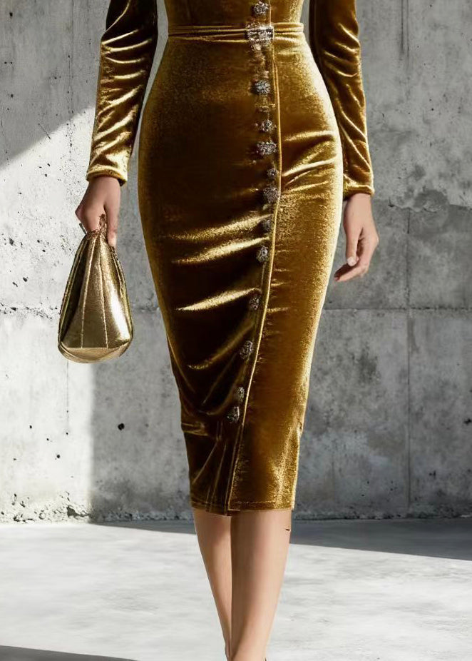 Italian Golden V Neck Button Silk Velvet Wraped Dresses Spring