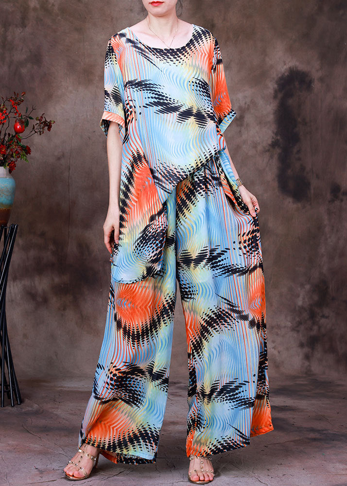 Loose Blue O-neck Print Top and Wide Leg Pants Two Pieces Set Summer
