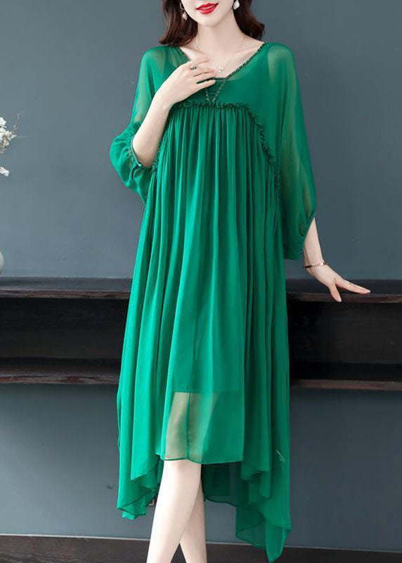 Green V Neck Ruffled Wrinkled Chiffon Party Dress Bracelet Sleeve