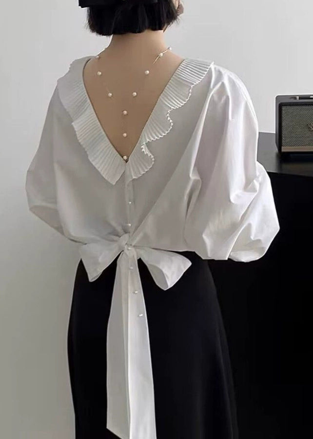 White Ruffled Patchwork Shirt Batwing Sleeve