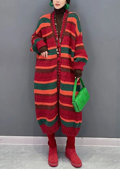 Red Striped V Neck Button Patchwork Knit Coat Fall