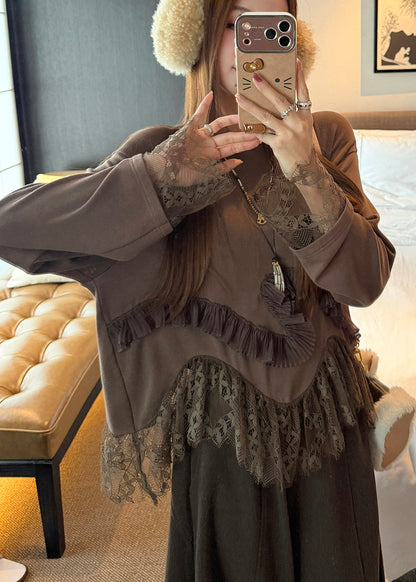 Chocolate Oversized Patchwork Lace Tops Spring