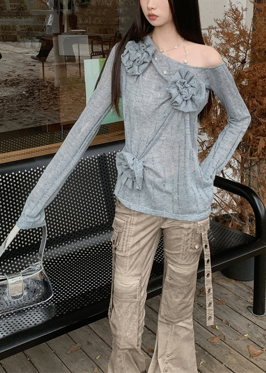 Blue Asymmetrical Knitting Cotton Top Fall