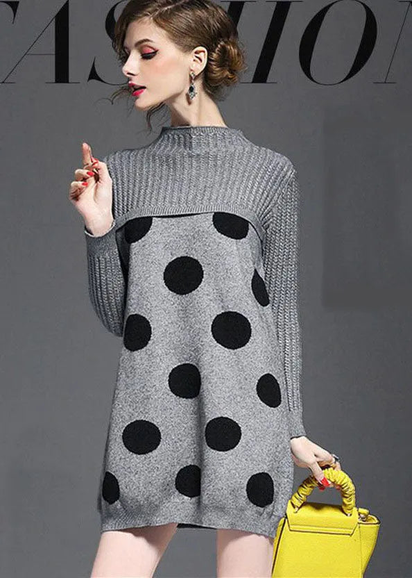 Diy Grey Turtle Neck Dot Print Long Knit Dress Long Sleeve