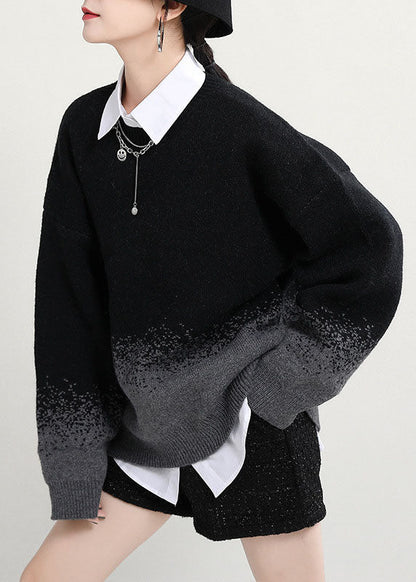 Simple Black O-neck Gradient Color Fall Knit Knitted Sweaters