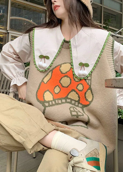Novelty Khaki Print Knit Waistcoat and Shirts Two Piece Set Fall