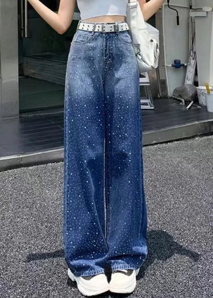 Blue Pockets Patchwork Zircon Straight Jeans