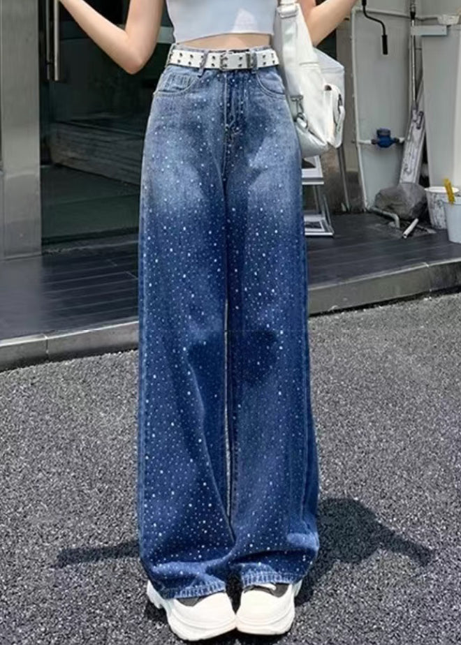 Blue Pockets Patchwork Zircon Straight Jeans