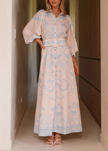 Blue Print Maxi Linen Dresses Lantern Sleeve Fall