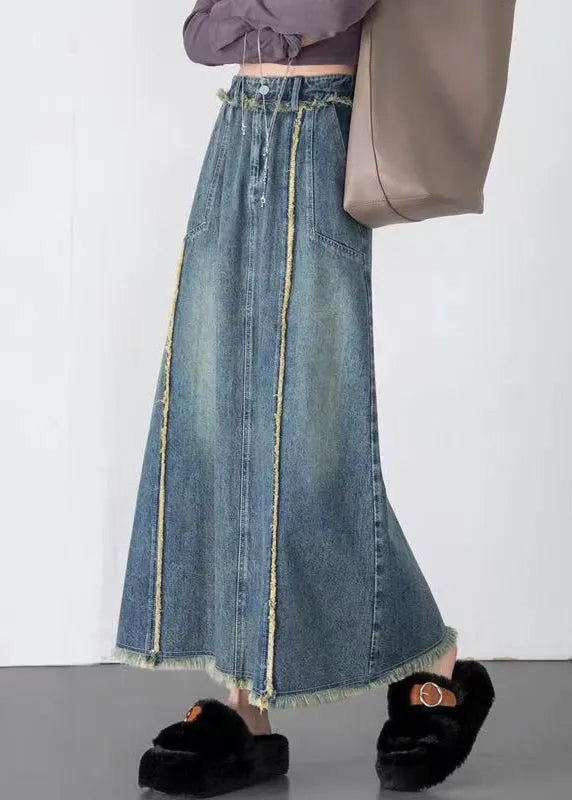 Unique Blue Tasseled Pockets Patchwork Denim Skirts Spring