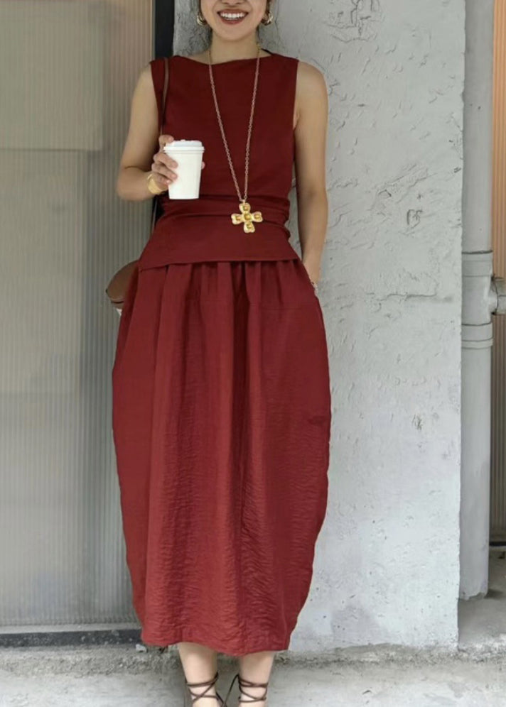 Grey O-neck Top and Maxi Skirts Two Pieces Set Summer