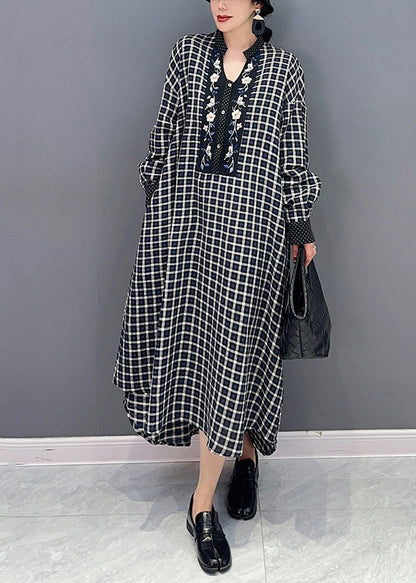 Black V Neck Plaid Holiday Dress Spring