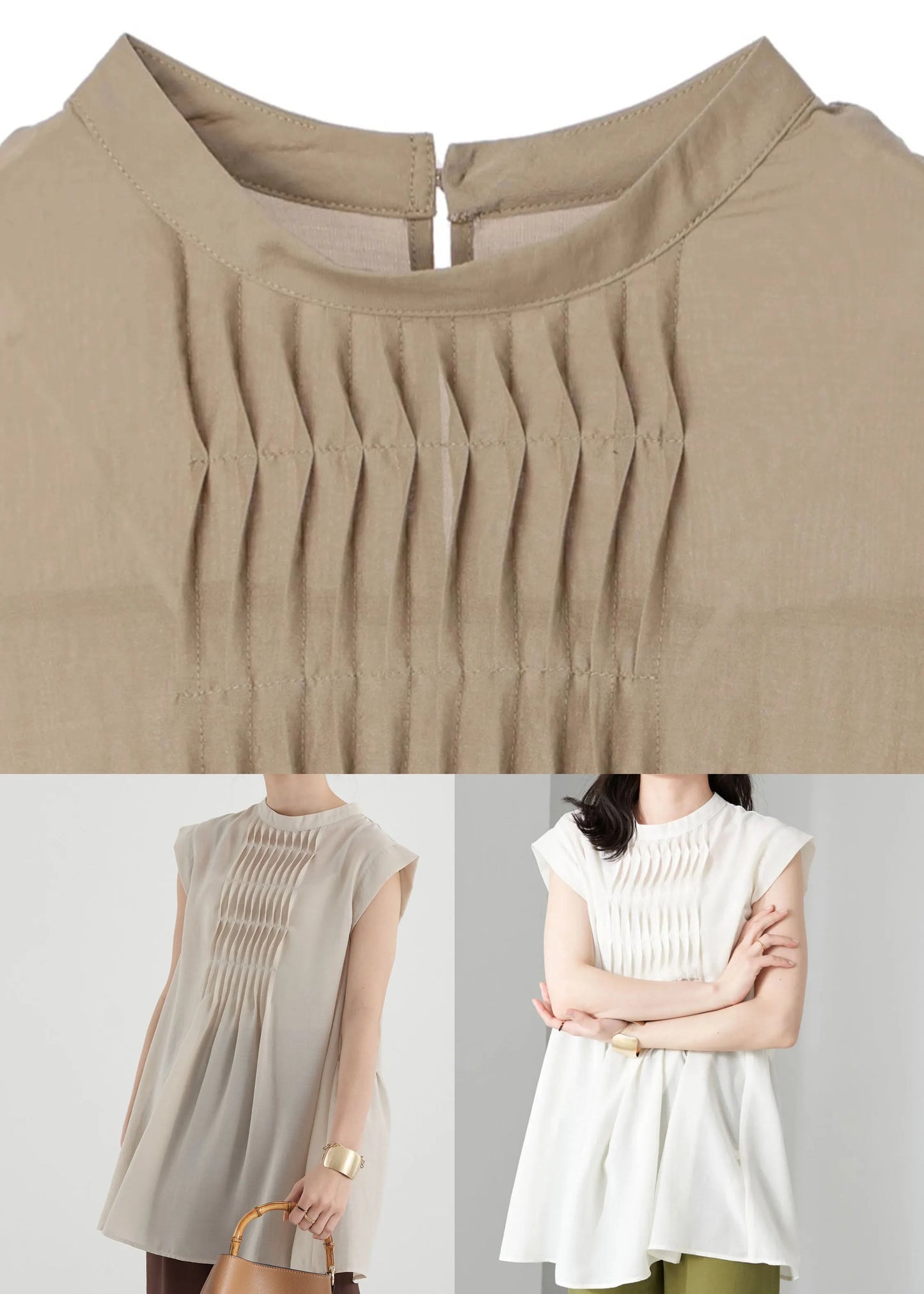 Apricot Slim Fit Pleated Cotton Long Shirt Sleeveless