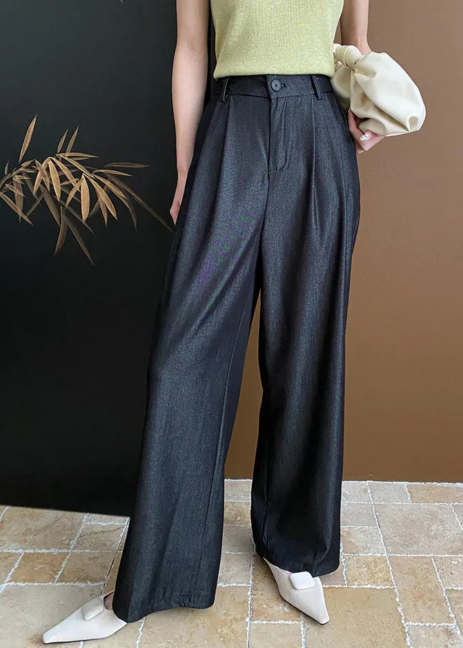 Black Pockets Cotton Wide Leg Pants Summer