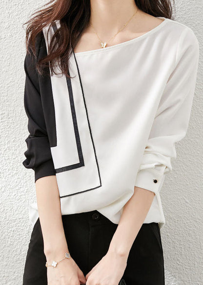 Black White Asymmetrical Design Patchwork Chiffon Top Long Sleeve