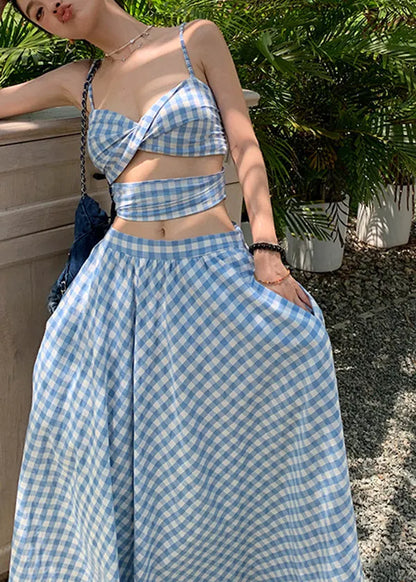 New Blue Plaid Suspended Tank Top High Waist Skirt Summer Set