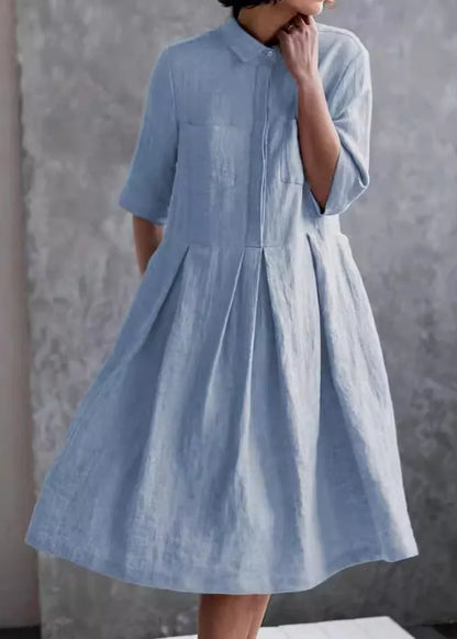 Blue Peter Pan Collar Button Cotton Shirts Dress Summer