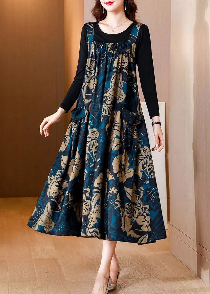 Blue Slash Veck Print Top and Slip Dress Two Piece Set Summer