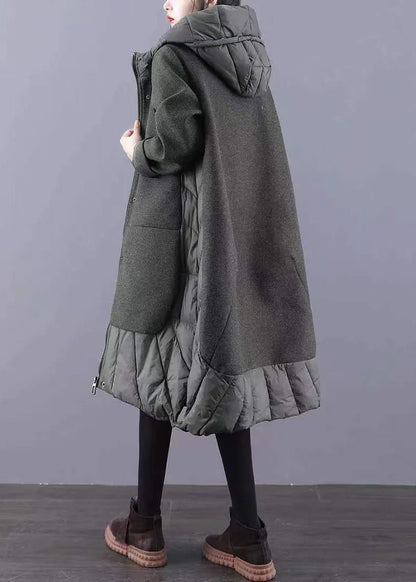 Green Pockets Patchwork Thick Long Coat Zip Up Long Sleeve