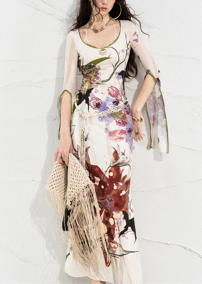 White O-neck Print Side Open Long Dress Flare Sleeve
