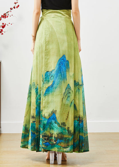 Green High Waist Print Pleated Skirt Fall