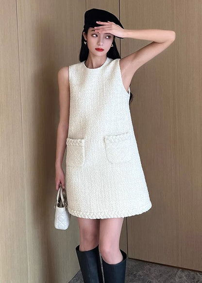 New White O-neck Pockets Cotton Two Pieces Set Fall