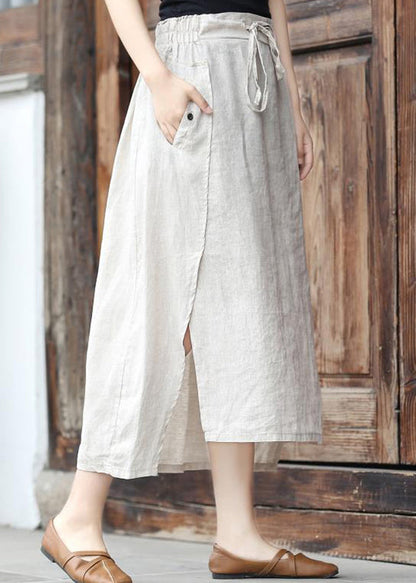 Brown Elastic Waist Tie Waist Asymmetrical Pockets Linen Skirt Spring