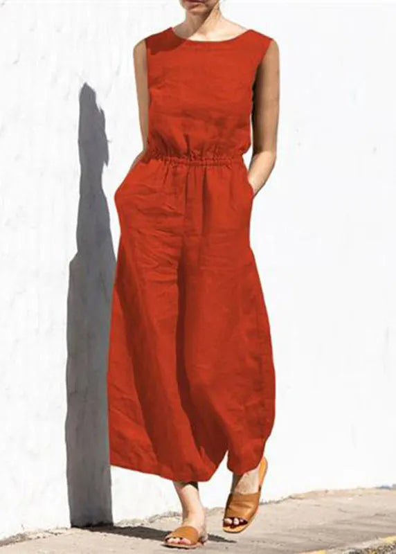 Slim Color Khaki High Sleeveless Jumpsuit