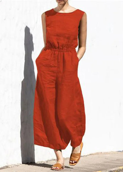 Slim Color Khaki High Sleeveless Jumpsuit
