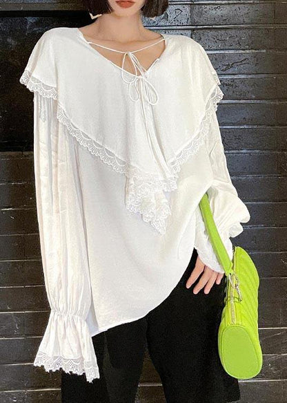 French White V Neck Patchwork Cotton Flare Sleeve Shirt Top Spring