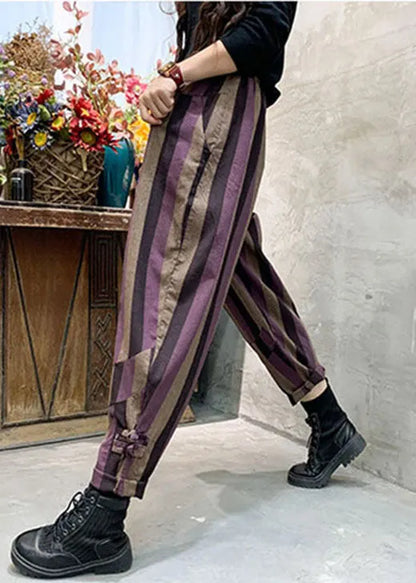Purple Striped Patchwork Cotton Harem Pants Spring