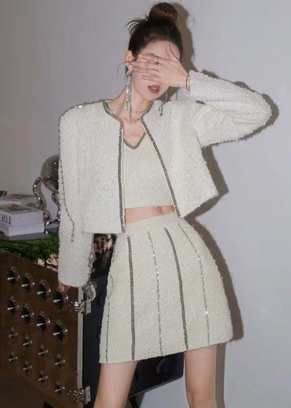 White Chain Linked Tasseled Zircon Cotton Three Pieces Set Fall