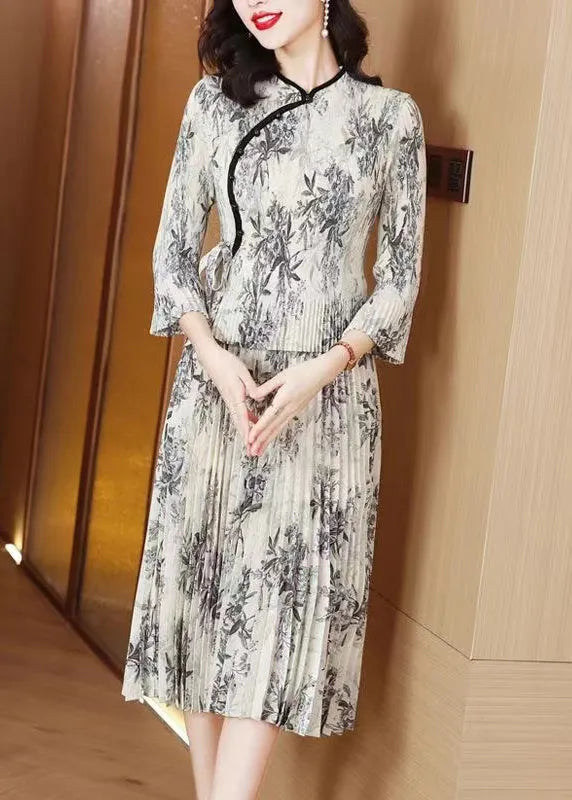 Grey Print Chiffon Oriental Dress Summer