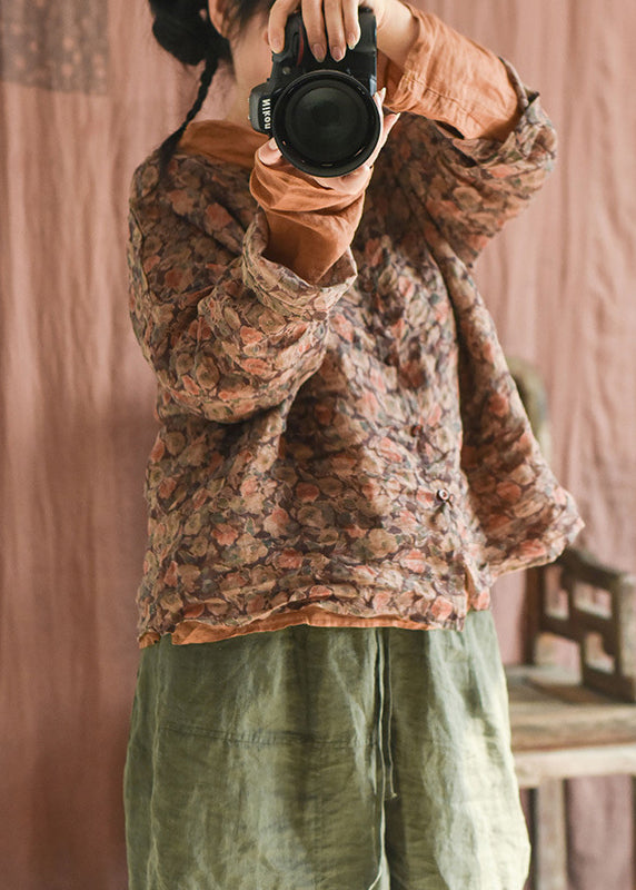 Green Button Print Linen Blouse Long Sleeve