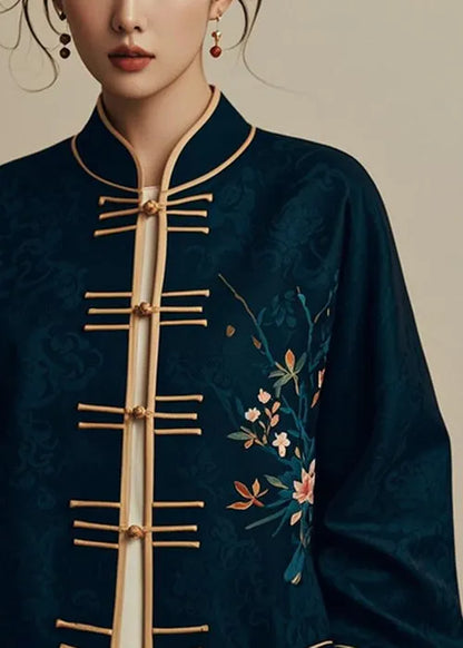 Navy Chinese Button Printsilk Coats Fall