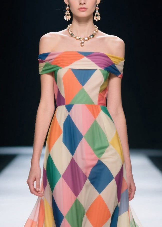 Multicolour Plaid Patchwork Lace Chiffon Strapless Dresses Summer