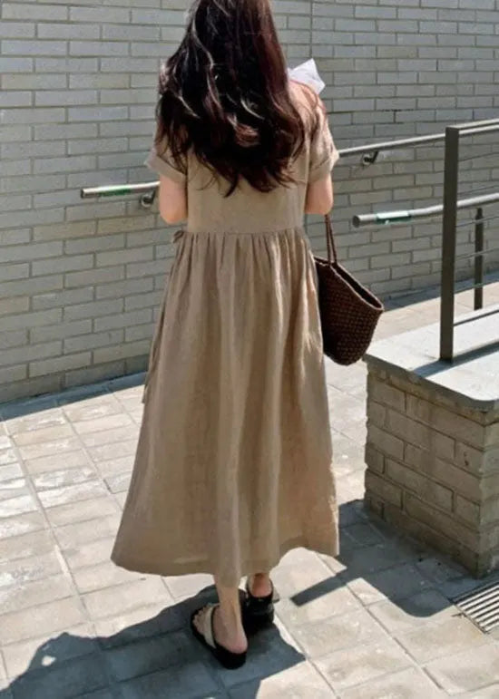Khaki Peter Pan Collar Patchwork Linen Long Dress Short Sleeve
