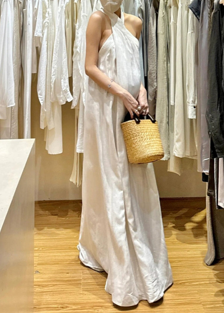 New White Cold Shoulder Cotton Maxi Dresses Sleeveless
