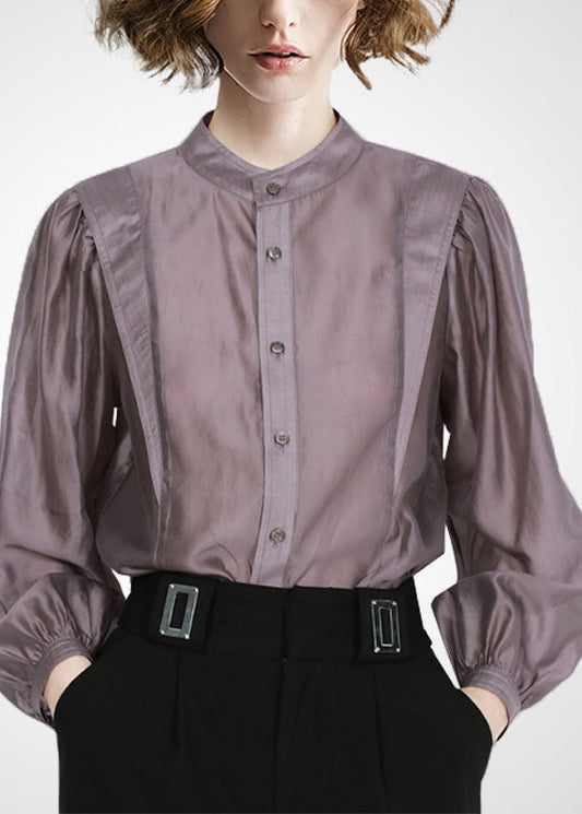 Grey Purple Peter Pan Collar Patchwork Shirt Tops Long Sleeve