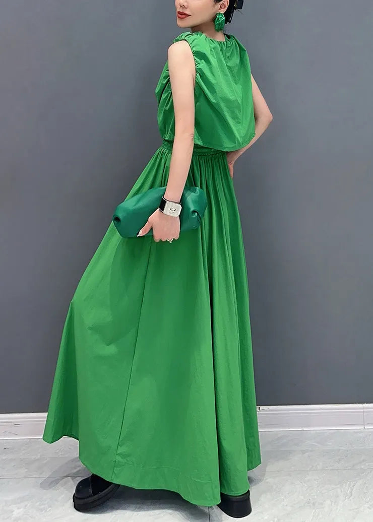 French Green Patchwork Pockets Top and Maxi Skirts Two Pieces Set Summer