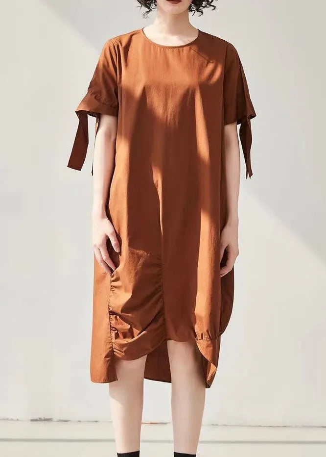 Caramel Asymmetrical Wrinkled Cotton Holiday Dress Short Sleeve