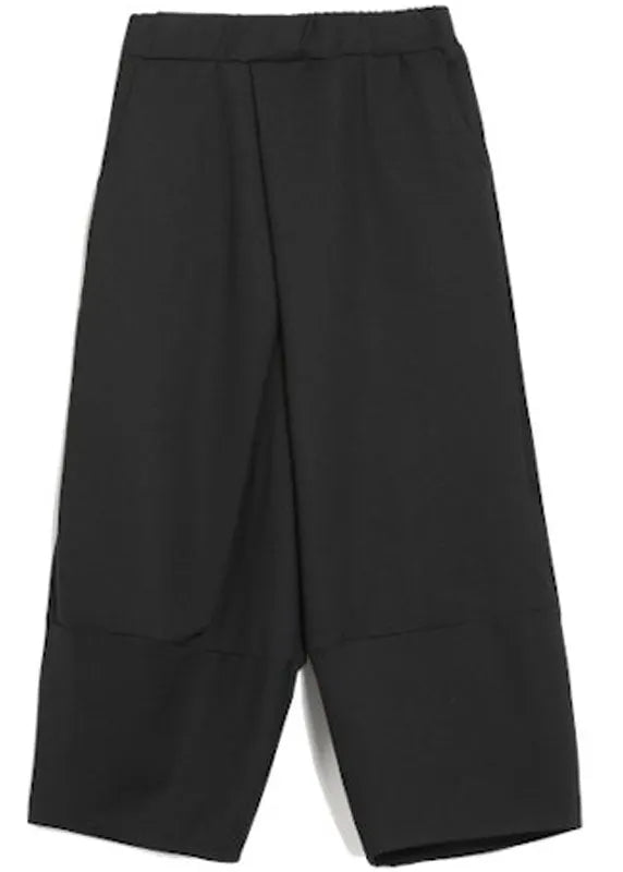 Modern Black Elastic Waist Patchwork Pockets Fall Wide Leg Pants