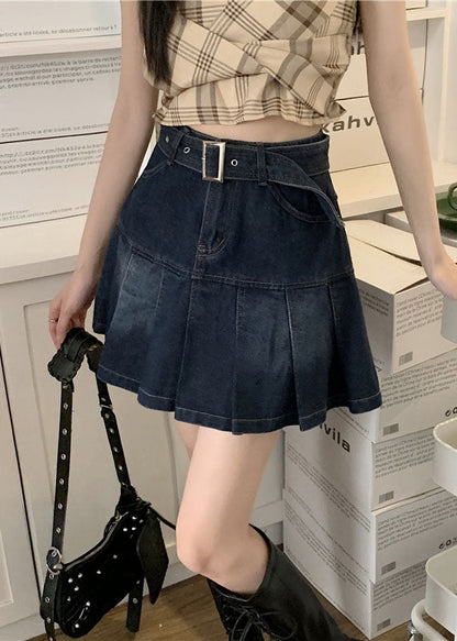 Black Grey High Waist Sashes Pockets Patchwork Cotton Denim Pleated Skirts Summer