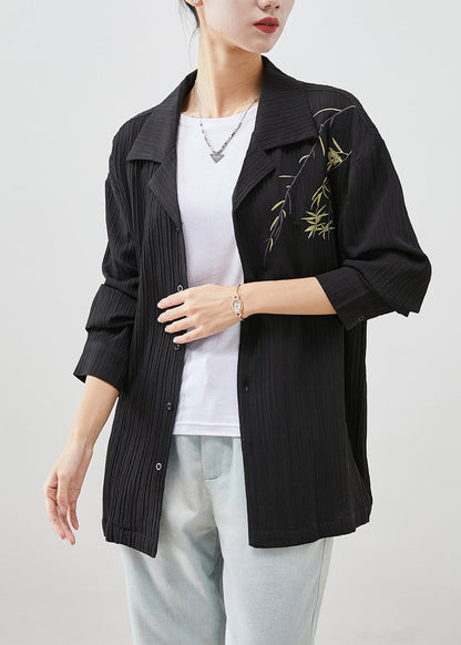 Modern Black Branch Embroideried Cotton Shirt Fall