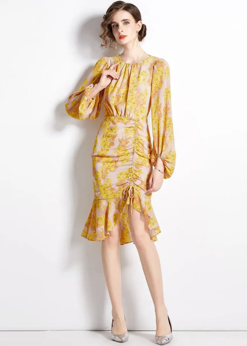 Unique Yellow Cinched Print Chiffon Fishtail Dresses Lantern Sleeve