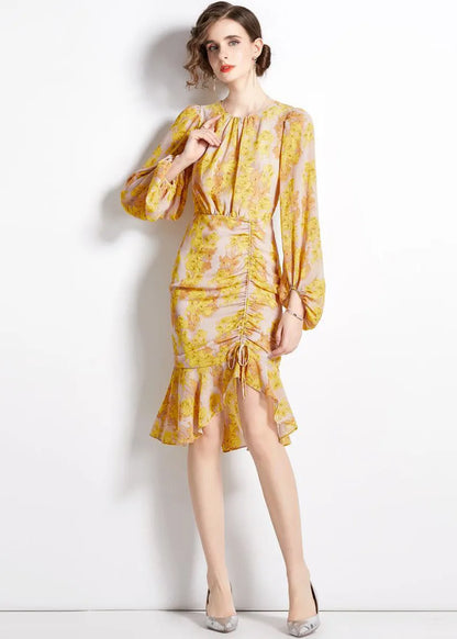 Unique Yellow Cinched Print Chiffon Fishtail Dresses Lantern Sleeve