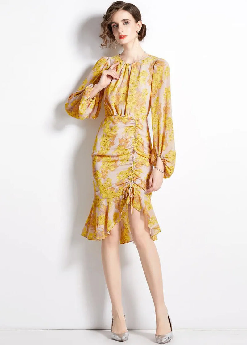 Unique Yellow Cinched Print Chiffon Fishtail Dresses Lantern Sleeve
