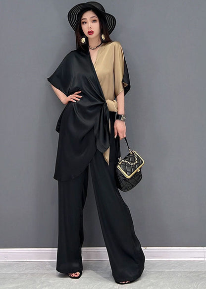 Black Khaki V Neck Asymmetrical Design Patchwork Chiffon Two Piece Suit Set Summer