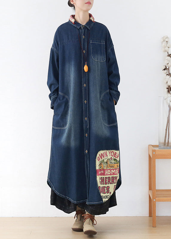 Blue Peter Pan Collar Patchwork Letter Print Button Pockets Cotton Denim Dresses Long Sleeve